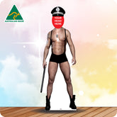 Cardboard standee of a police officer with a customizable head, Australian Made logo, and wooden floor.